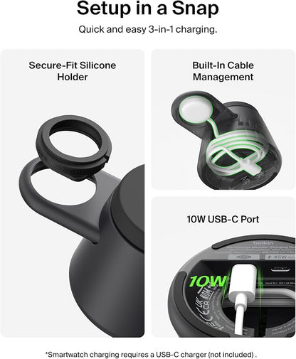 Belkin 3-in-1 Wireless Charging Station for Samsung Galaxy S26, Android - Qi2.2 25W Magnetic Charger for Pixel 10, iPhone 17, USB C Port for Galaxy, Pixel, & Apple Watch (Watch Charger Not Included)