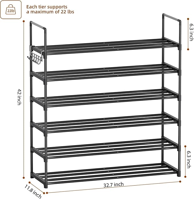 6 Tier Shoe Rack, Shoe Rack for Closet, Shoe Organizer for Entryway, Shoe Storage for Front Door Entrance & Entryway, Large Shoe Stand Holder Adjustable Shelf Height