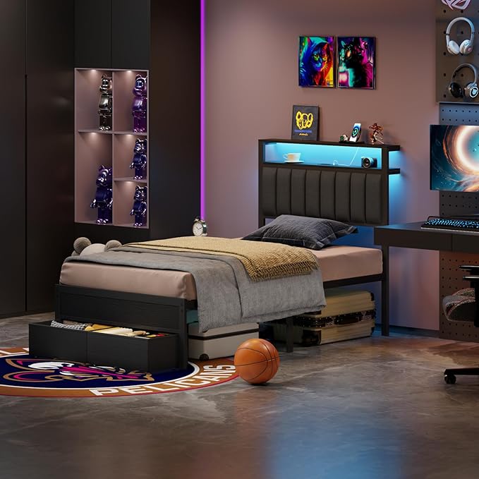 Furnulem Twin Bed Frames with Charging Station and LED Lights, Grey Upholstered Headboard with Shelves, Metal Platform Bed with 2 Under-Bed Storage (Fabric Drawer on Wheels), No Box Spring Needed