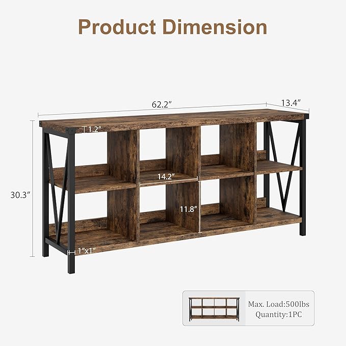 GarveeHome 8 Cube Storage Organizer Bookshelf, 3 Tier Metal Horizontal Bookcase, 62 Inch Console Bookshelf, Industrial Storage Bookcase for Entryway, Long Low Bookshelves for Living Room-Retro Brown
