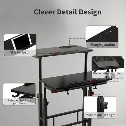 Hadulcet Mobile Standing Desk with Charging Station, Adjustable Standing Computer Desk, Standing Adjustable Laptop Cart with Wheels for Home Office Classroom Black