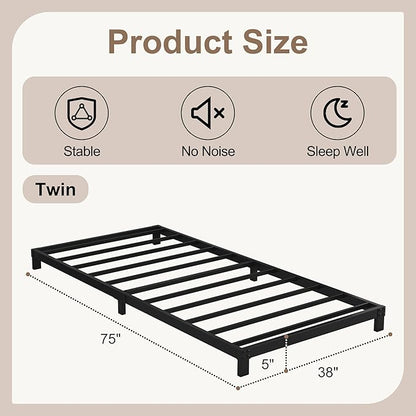 5 Inch Low Bed Frame Twin, Heavy Duty Twin Bed Frames Low Profile, No Box Spring Needed, Easy Assembly, Noise Free, Black