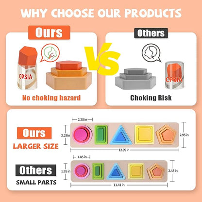 Montessori Toys for 1+ Year Old, Wooden Baby Stacking Shape Color Sorting Toys for Toddlers 1-3, Preschool Learning Activities Toddler Games, 1 2 3 Year Old Girls Boys Birthday Gifts