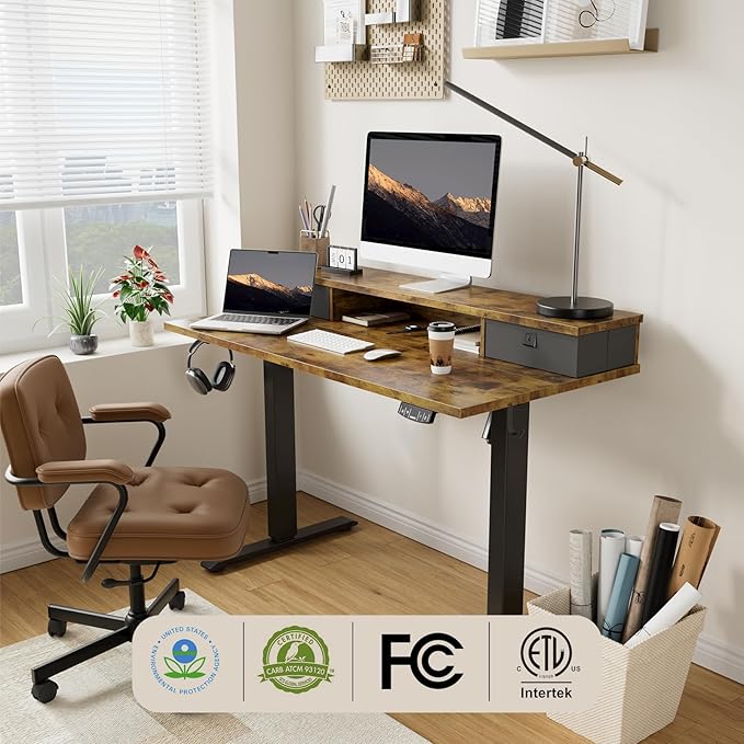 Agilestic 40 x 24 Inches Height Adjustable Electric Standing Desk with 2 Drawers, Stand Up Electric Standing Desk Adjustable Height, Sit and Stand Computer Table with Splice Board, Rustic Brown