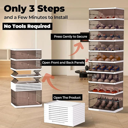 FAHKNS 9 Tier 18 Pairs Foldable Shoe Rack with Wheels, Portable Plastic Shoe Storage Cabinet with Clear Magnetic Doors Space Saving No Assembly for Entryway, Living Room, Closet