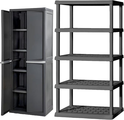 Sterilite 5 Shelf Plastic Storage Unit Bundled with Easy to Assemble Storage Cabinet for Garage, Pantry & Kitchen Organization, 4 Shelves, Gray