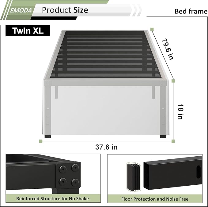 EMODA 18 Inch Twin XL Bed Frames with White Cover, Heavy Duty XL Twin Metal Platform Bed Frame No Box Spring Needed, Noise Free, Easy Assembly
