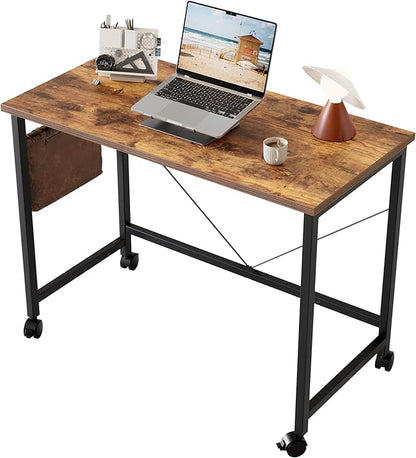 Rolling Computer Desk with Wheels, Gaming Desk for Small Spaces, Modern Simple Style Table for Home Office, Study Writing Table (Caster, Rustic Brown, 32 inch)
