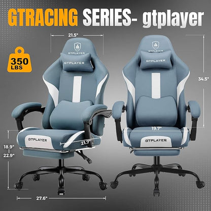 GTRACING Gaming Chair with Foot Rest & Pocket Spring Cushion, Breathable Fabric for Home Office Desk, Ergonomic High Back Computer Chair with Headrest & Lumbar Support, Blue