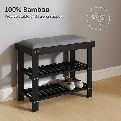 HOMCOM Bamboo Shoe Bench, 3-Tier Entryway Bench with Storage and Cushion, Shoe Organizer for Entryway, Hallway, Holds Up to 331 lbs, 23.6 x 11.4 x 19.3 Inches, Black
