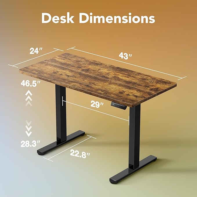 HUANUO 43 x 24 inch Electric Standing Desk Adjustable Height, 4 Memory Height Settings, Sit Stand Up Desk for Home Office & Computer Workstation, Rustic Brown