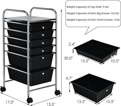 COSTWAY 6-Drawer Rolling Storage Cart, Multifunctional Art Craft Tools Organizer on Wheels, Heavy Duty Utility Mobile Storage Trolley w/ 2 Lockable Wheels for Home Office School (Black)
