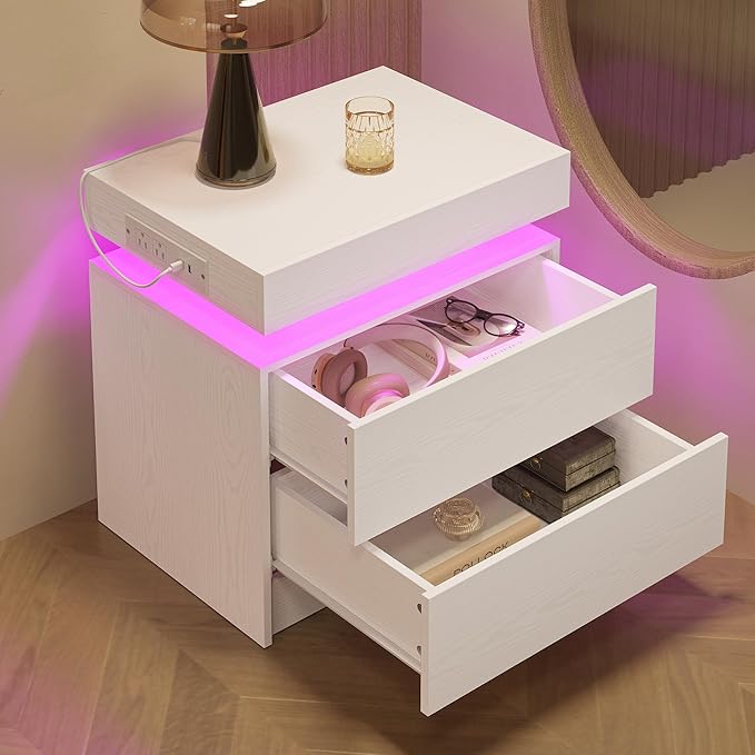 LIKIMIO Night Stand Set of 2, Modern White Nightstand with with Charging Station, Bedside Tables with LED Light and Drawers, End Table for Bedroom