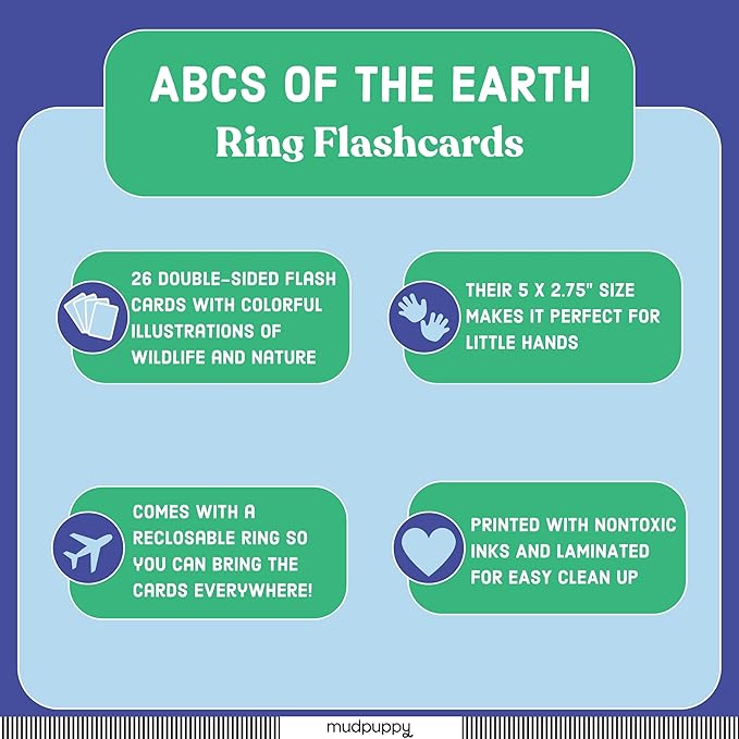 Mudpuppy ABCs of The Earth — Ring Flashcards 26 Durable Double Sided Alphabet Ecological Cards and Reclosable Ring with Colorful Art for Age 1+ Perfect for Preschool Or Travel for Teachers and Parent