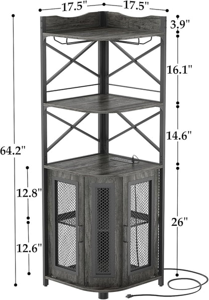 Aheaplus Corner Bar Cabinet with Power Outlet, Industrial Wine Cabinet with LED Strip and Glass Holder, 5-Tiers Liquor Cabinet Bar Unit for Home, Corner Display Cabinet for Small Space, Grey Oak