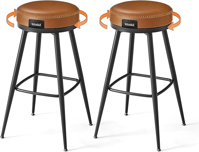 VASAGLE EKHO Collection - Swivel Bar Stools Set of 2, Bar Height Backless Bar Stools, Synthetic Leather with Stitching, Mid-Century Modern, 30-Inch Tall Kitchen Barstools for Home Bar, Caramel Brown