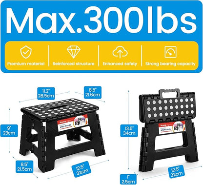 ACSTEP Folding Step Stool 9'' Tall Kids Step Stool Holds Up to 300 lb Plastic Foldable Step Stools for Kids Non-Slip Surface with Carry Handle Collapsible Stool for Home, Outdoor and Indoor(Black)