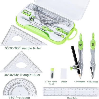 10 Pieces Math Geometry Kit Set with Shatterproof Storage Box, Student Supplies Includes Rulers,Protractor,Compass,Pencil Sharpener,Lead Refills,Pencil,Eraser for School and Drawings