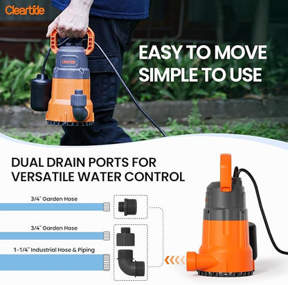 Cleartide Submersible Sump Pump with Tethered Float Switch, 1/3 HP Utility Water Pump,100% Copper Motor, Electric Drain Pump Handles 3/8" Solids, 10 FT Cord