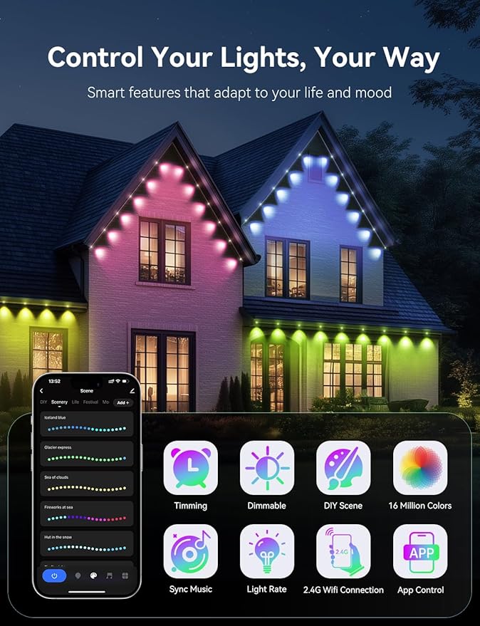 Permanent Outdoor Lights for House, RGB+IC IP67 Waterproof Smart Eave Lights 100ft with 72 LED, Eternity Lighting for Holiday Daily Decor, Work with Remote, APP