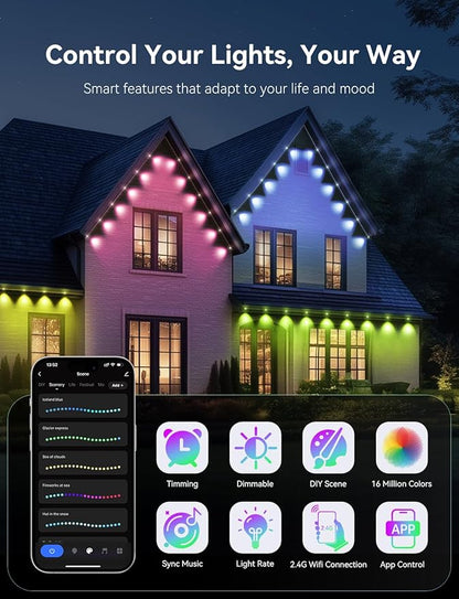 Permanent Outdoor Lights for House, RGB+IC IP67 Waterproof Smart Eave Lights 100ft with 72 LED, Eternity Lighting for Holiday Daily Decor, Work with Remote, APP