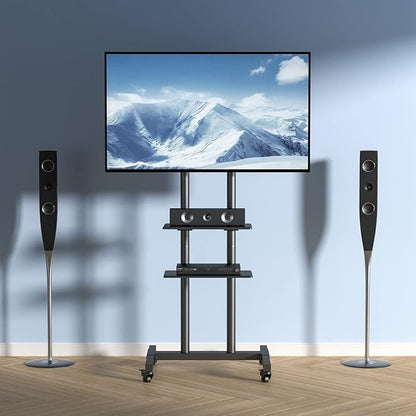 VEVOR Mobile TV Cart for 32 to 70 inch TVs, Height Adjustable Portable TV Stand with Wheels and Double Tray for Audio-Visual Devices, Rolling TV Stand for Living Room