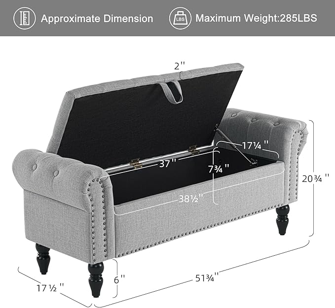 Furniliving 51” Bedroom Bench, End of Bed Bench with Button-Tufted Large Upholstered Storage Bench Ottoman Linen Window Benches with Storage Shoe Cabinet, for Bedroom, Entryway, Closet, Grey