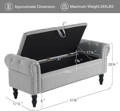 Furniliving 51” Bedroom Bench, End of Bed Bench with Button-Tufted Large Upholstered Storage Bench Ottoman Linen Window Benches with Storage Shoe Cabinet, for Bedroom, Entryway, Closet, Grey