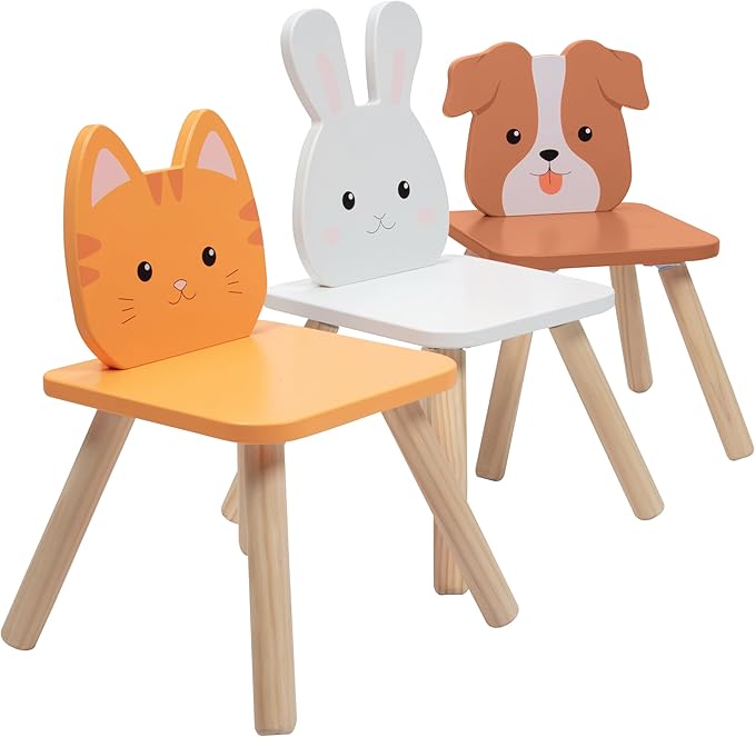 Kids Wooden Animal Table & Chair Set w 4 Seats- Puppy Kitten Bunny Plus Adult Stool for Arts Crafts Activity, Dining, Pretend Play- Durable Playroom Furniture for Home, Daycare Classroom- Toddler Gift