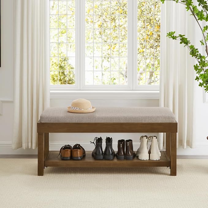 24KF Large Rectangular Storage Bench,Upholstered Seat Cushion,Ottoman Coffee Table with Linen Removable Cushion for Living Room,Entryway Bench Bed Bench with Solid Wood Shelf,5069-Linen