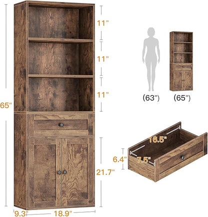 Casaottima Bookshelf and Bookcase with Doors and Drawer, Floor Standing 6-Tier Shelf Display Storage Shelves, Tall Bookcases for Home Office, Living Room, Vintage