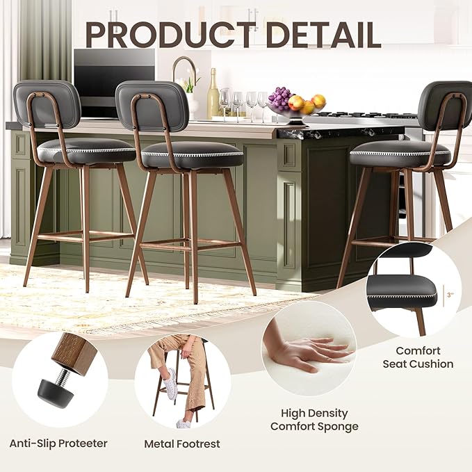 Swivel Bar Stools Set of 6, Mid Century PU Leather Counter Height Bar Chairs with Low Back and Metal Legs, Modern Bar Stool Chair for Kitchen Island, Black