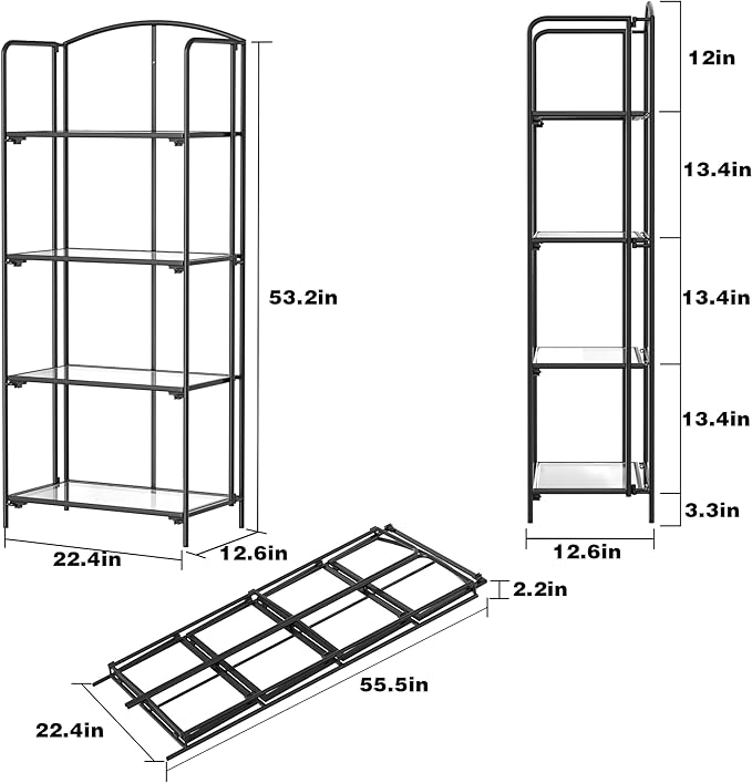 Crofy No Assembly Folding Bookshelf for Living Room, 4 Tier Black Collapsible Book Shelf for Home Office, Portable Bookcase Storage Organizer