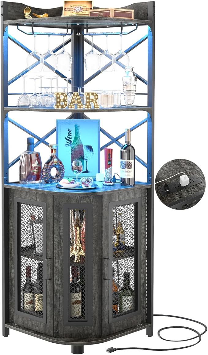 Aheaplus Corner Bar Cabinet with Power Outlet, Industrial Wine Cabinet with LED Strip and Glass Holder, 5-Tiers Liquor Cabinet Bar Unit for Home, Corner Display Cabinet for Small Space, Grey Oak