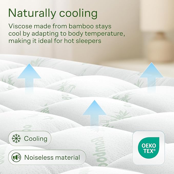 Ultra Soft Queen Size Mattress Topper - Viscose Made from Bamboo Pillow Top Mattress Pad for Back Pain Relief - Naturally Cooling for Hot Sleepers, Green