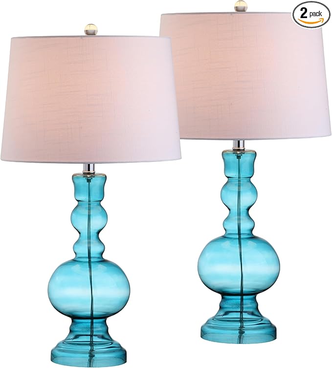 JONATHAN Y 28.5" Blue Glass Table Lamp Set of 2 for Living Room Bedroom Decor, Modern Bedside Lamps with White Linen Shade, LED Bulbs Included JYL1061A-SET2
