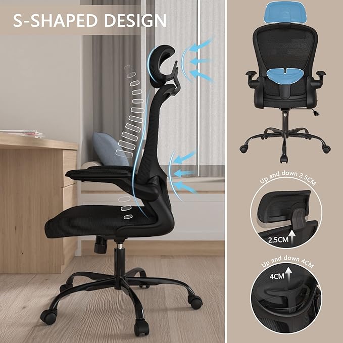 Office Chair, High Back Ergonomic Desk Chair, Breathable Mesh Desk Chair with Adjustable Lumbar Support and Headrest, Swivel Task Chair with flip-up Armrests, Executive Chair for Home Office
