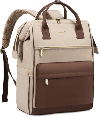 LOVEVOOK Laptop Backpack for Women, 17 Inch Work Teacher Nurse Bag, Large Capacity Business Computer Backpack Purse with USB Port, Stylish Casual Daypack for Travel,Rice Apricot&Brown