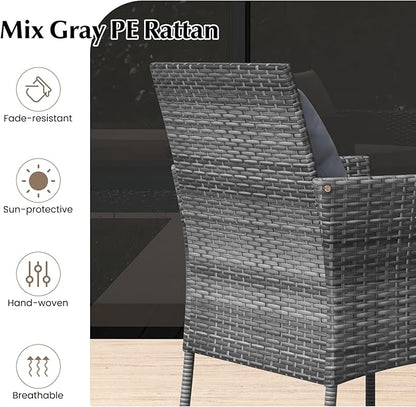 Tangkula 3-Piece Patio Furniture Set, PE Wicker Conversation Bistro Set w/A Tempered Glass Table & 2 Cushioned Chairs, Outdoor Table & Chairs Set for Patio Porch Yard Garden (Mix Gray+Off White)