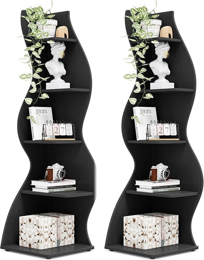 Tribesigns Corner Shelf, Modern 5-Tier Wall Corner Bookshelf, Stylish Corner Small Bookcase Storage Rack Plant Stand with Unique Shape for Living Room, Home Office, (2PCS, Black)
