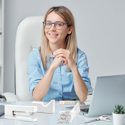 White Office Supplies, UPIHO White Desk Accessories, Stapler and Tape Dispenser Set for Women with Stapler,Tape Dispenser, Staple Remover, Staples,Scissor and Tabs for Students Office Clerks