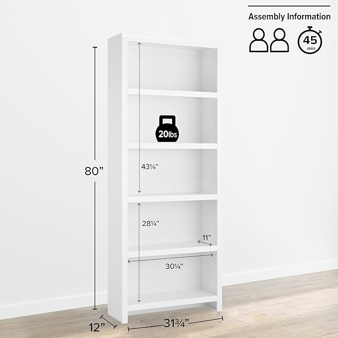 Prepac Moda 5-Tier Tall Wooden Bookcase, White Storage Cabinet, Display Cabinet, Bookshelf with Storage Shelves 31.75" W x 80" H x 12" D for Home Office, Living Room, Bedroom Organizer