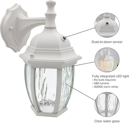 Maxxima LED Outdoor Wall Light - Features Clear Water Glass, 3000K Warm White, 580 Lumens, Dusk to Dawn Photocell Light Sensor, Patio or Porch Sconce Fixture, Ideal for Exterior Decor Lighting - White