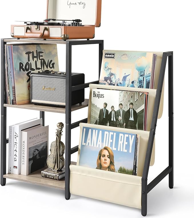 Bikoney Record Player Stand, Turntable Stand with 3-Tier Vinyl Record Storage, Record Player Table Up to 200 Albums, End Table for Records, Vinyl Record Holder Cabinet for Living Room White