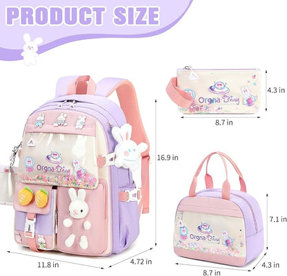 Backpack for Girls Cute Bookbag Set with Lunch Box Pencil Case Kawaii Bunny School Backpacks for Girl 3 Pcs Kindergarten Elementary Preschool Middle Sequin School Bag for Girls