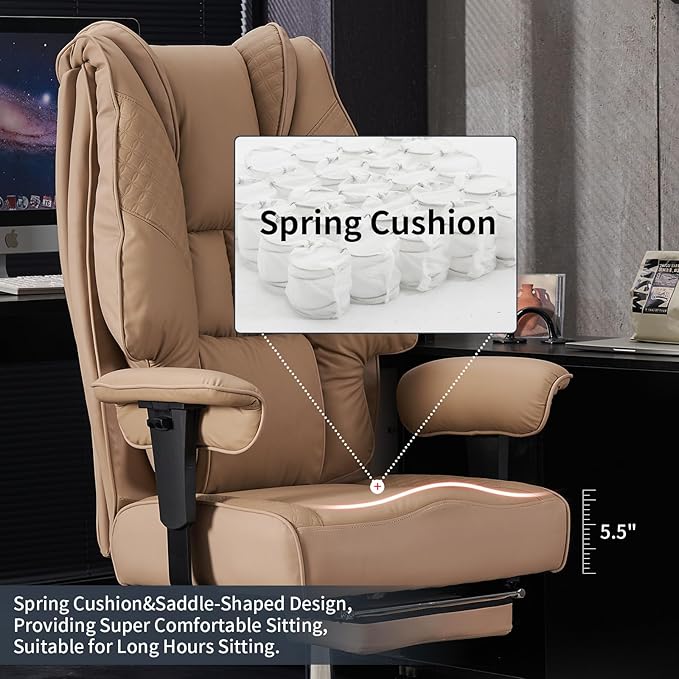 Big and Tall Office Chair 400lbs Wide Seat, Leather High Back Executive Office Chair with Foot Rest, Ergonomic Chairs Lumbar Support for Lower Back Pain Relief (Brown)