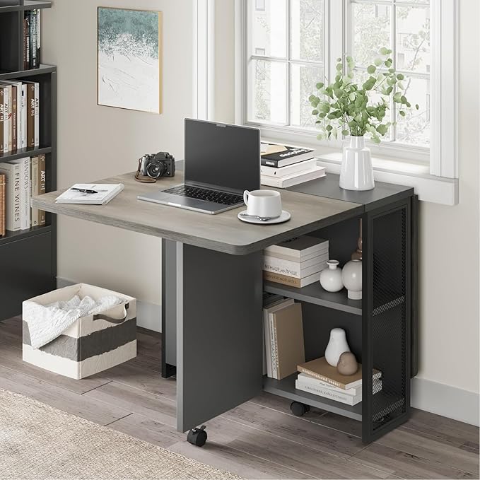 IDEALHOUSE Folding Dining Table, Drop Leaf Dining Table with 6 Wheels and 2-Layer Storage Shelf, Space Saving Dining Table for Small Spaces (Carlo Grey, 50.1" D x 31.4" W x 29.5" H)