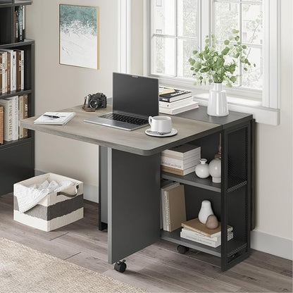 IDEALHOUSE Folding Dining Table, Drop Leaf Dining Table with 6 Wheels and 2-Layer Storage Shelf, Space Saving Dining Table for Small Spaces (Carlo Grey, 50.1" D x 31.4" W x 29.5" H)