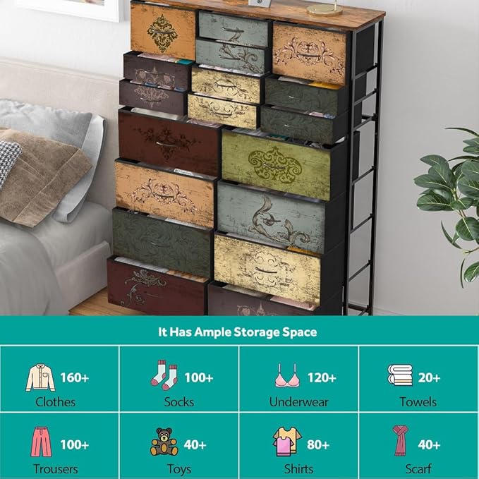 Dresser for Bedroom with 18 Drawers, Tall Fabric Storage Dresser, Chest of Drawers for Closet, Nursery, Bedside, Living Room, Laundry, Entryway, Hallway (Pattern)