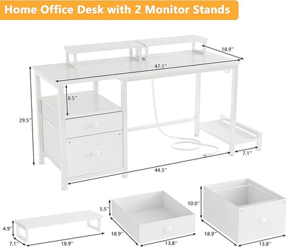 Furologee 47" Computer Desk with File Cabinet and Power Outlets, Home Office Desk with 2 Monitor Stands and Storage Drawer, Writing Gaming Table with Shelves and 2 Hooks for Bedroom, White